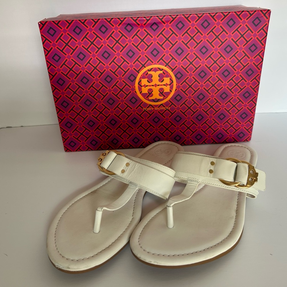 Tory Burch Gold and White Sandals with Adjustable Strap